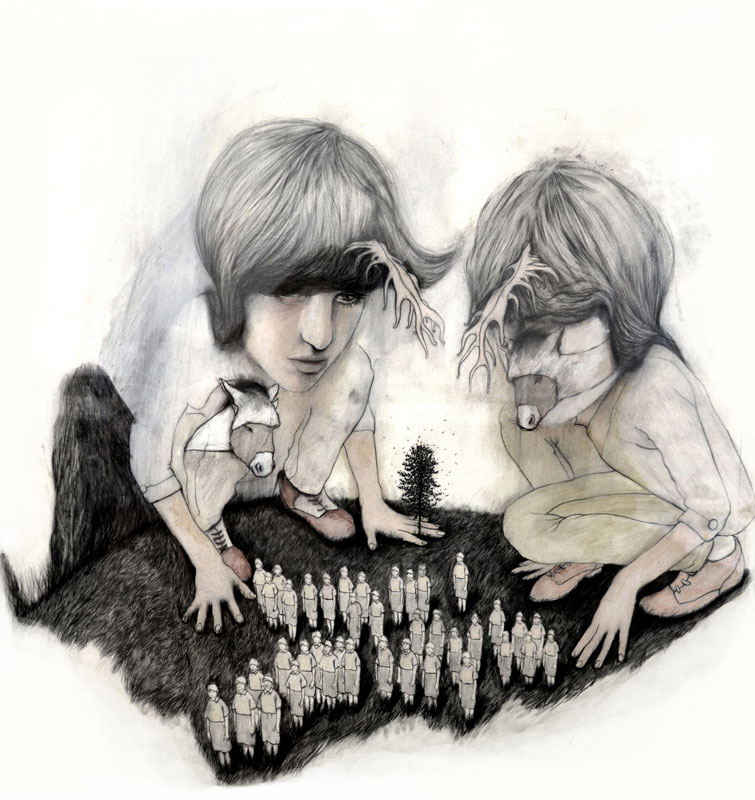 Quand le coeur part   la chasse, graphite, crayons de couleur, huile sur papier, 60 x 64 cm, 2012